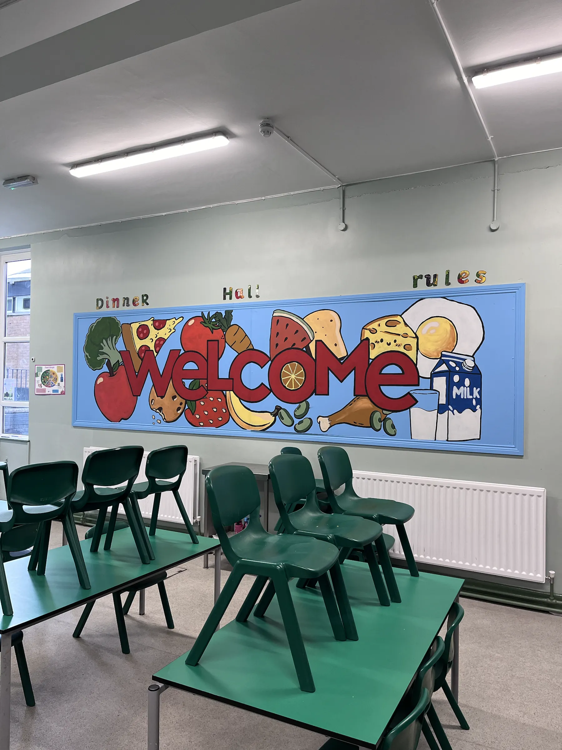 A dining hall wall painted with “Welcome” in fruit and vegetables beside the dinner hall rules.