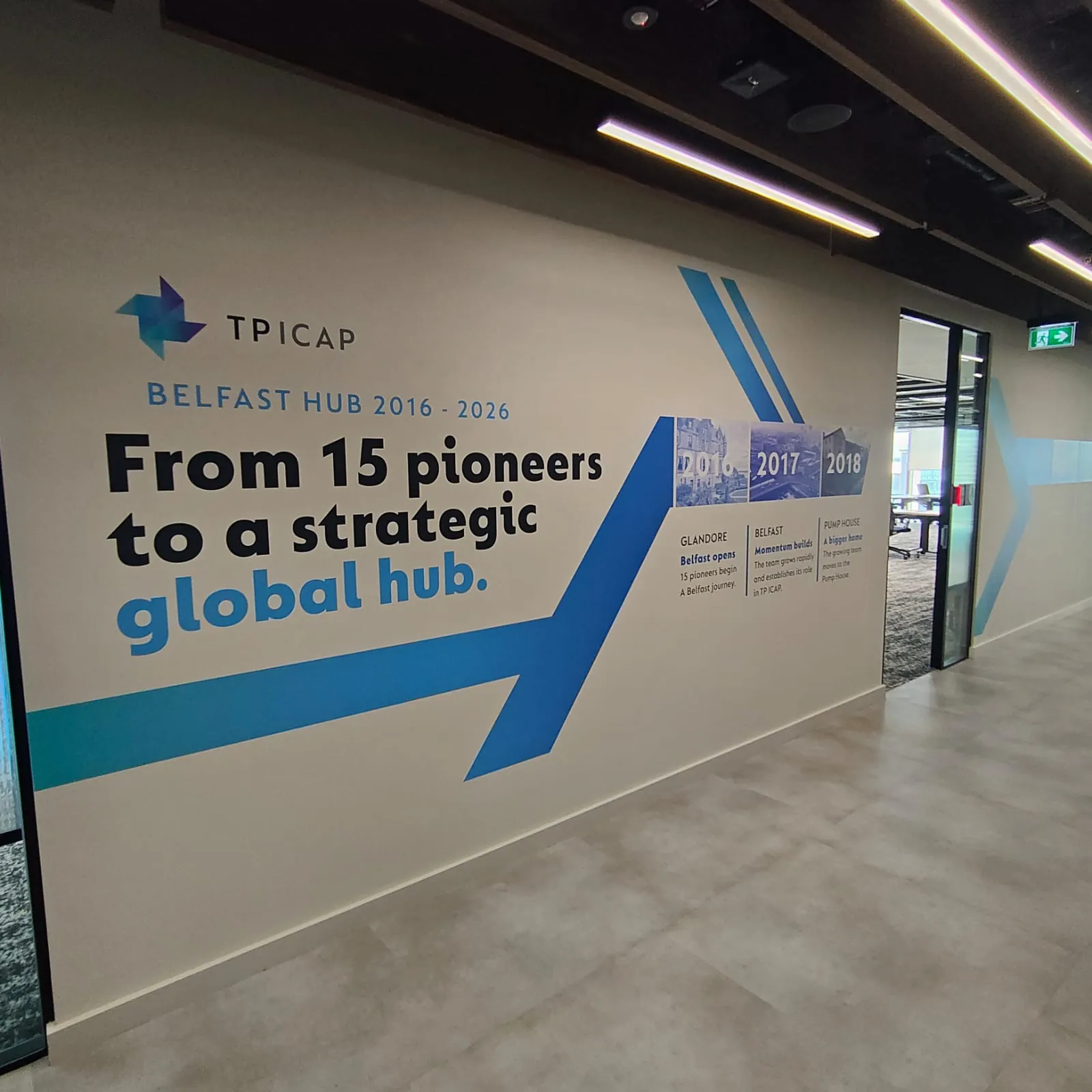 “From 15 pioneers to a strategic global hub” painted beside a blue arrow at the start of TP ICAP’s timeline wall.